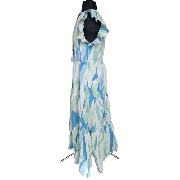 Blue & Green Flutter Sleeve Maxi Dress 100% Cotton Size S Coastal Cottagecore - Picture 4 of 11